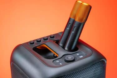 Parlante JBL con micrófonos inalámbricos para fiesta exterior
